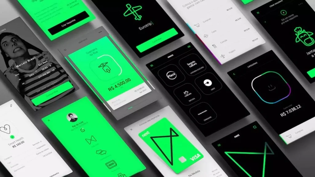 Next digital banking app screens and Visa card