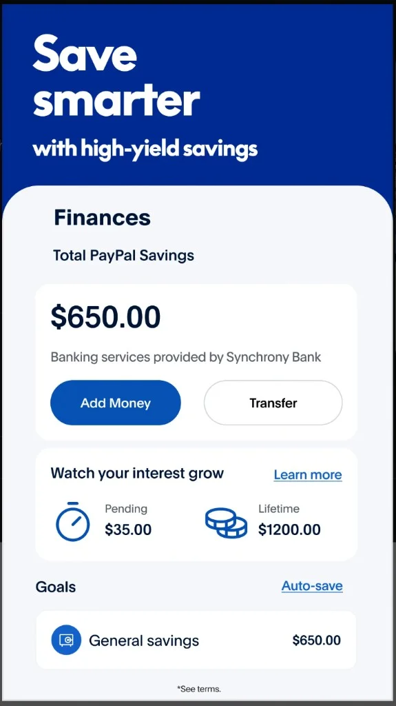 PayPal high-yield savings feature in the PayPal Android app